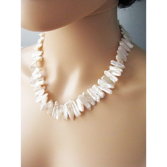 Biwa Stick pearl necklace sterling Silver clasp - Picture 6 of 10